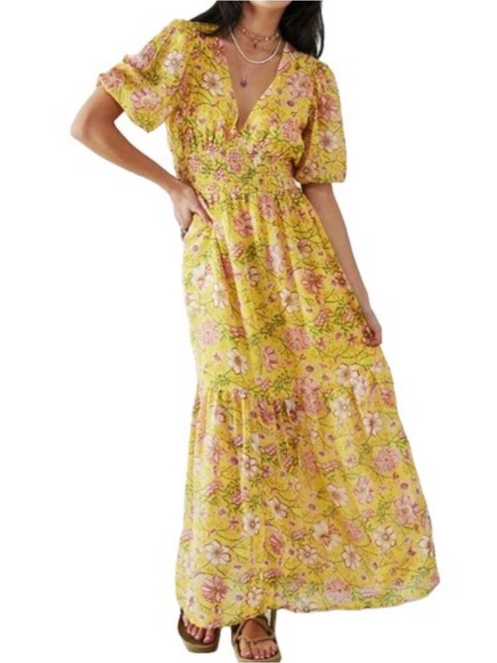 Billabong-Yellow Floral Maxi Dress with Pink & Green Accents-Size M